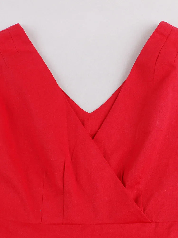 Elegant Vintage V-Neck Pleated & Belted Plain Solid Dress: Wrap Retro Summer Cotton Sizes S - 3X
