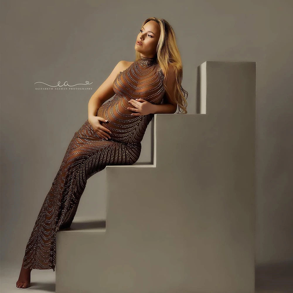 Goddess Bodysuit Tulle Maternity Shoot: Sexy Shiny Maternity Gown