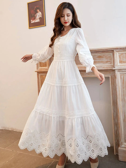 Bohemian Gypsy Lady White Elegant Summer Chic Maxi Dress Tiered Hollowed Out Lace