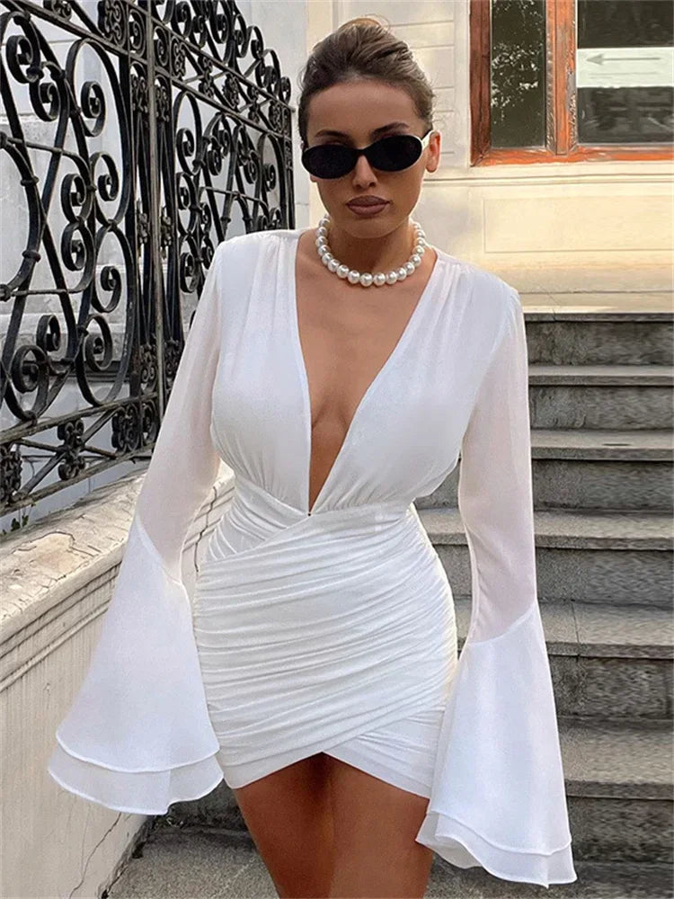Tossy White Fashion V-Neck Mini Mesh See-Through Sexy High Waist Ruffled Party Dress