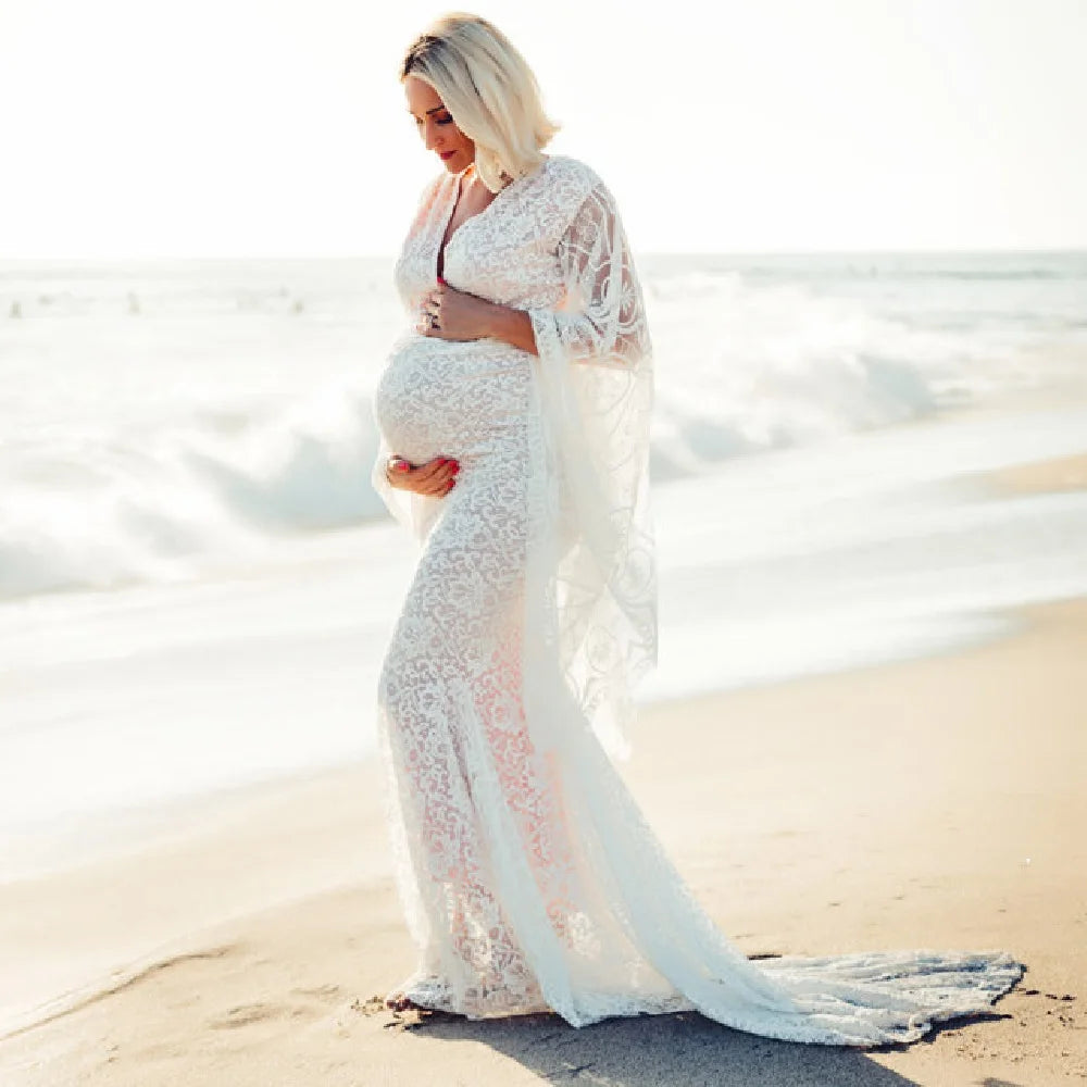 Angelic Lace Maternity Gown With V neck Wraped Flare Sleeves