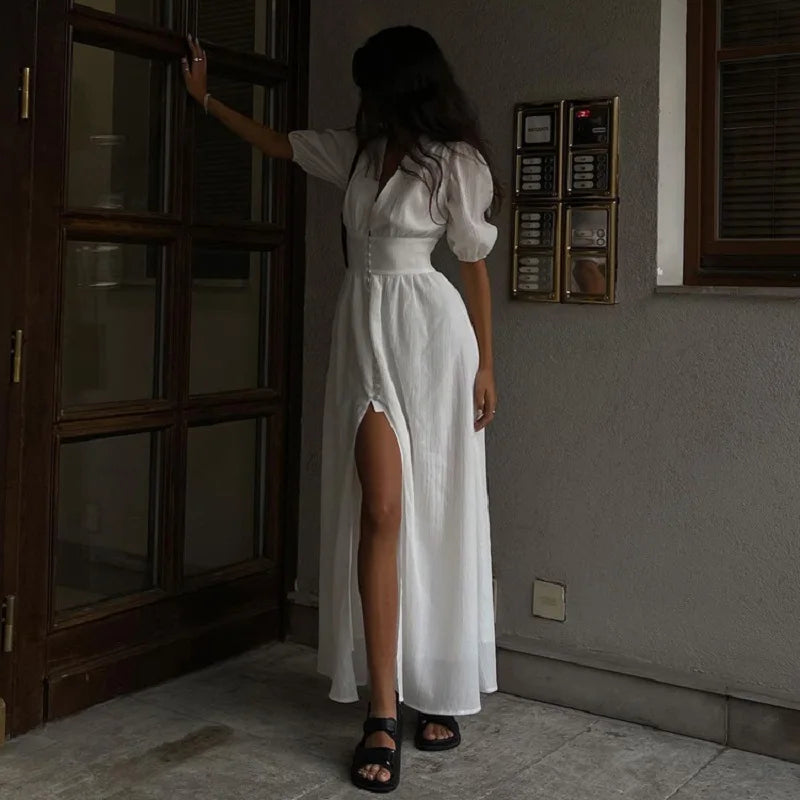 French Puff Sleeve Button Chic Long Dress: Summer 2024 New Party Strapless High Split