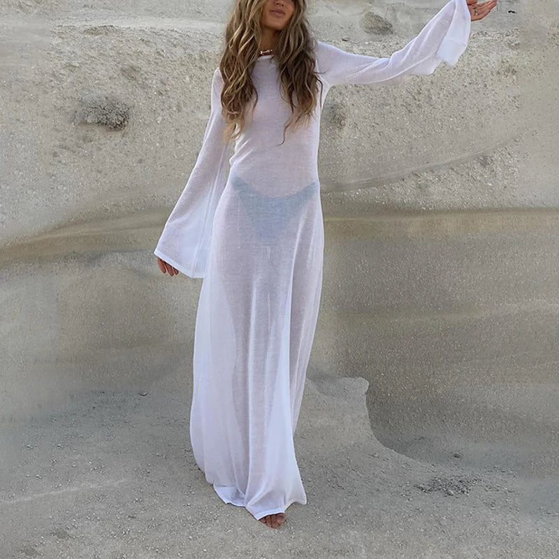Cryptographic Elegant White Knit Long Sleeve Beach Dress With Sexy Open Back