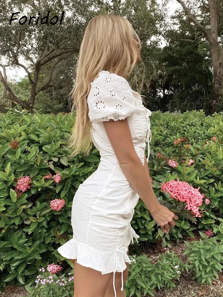 Lace Up White Hollowed Out Embroidery Beach Short Dress: Puff Sleeve Ruffle Ruched Bodycon Mini