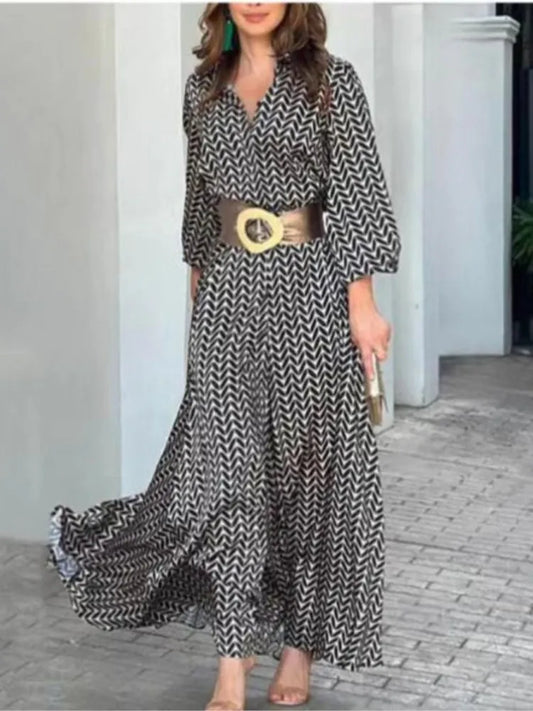 Autumn New Dress Black And White Printed Vintage Elegant V Neck