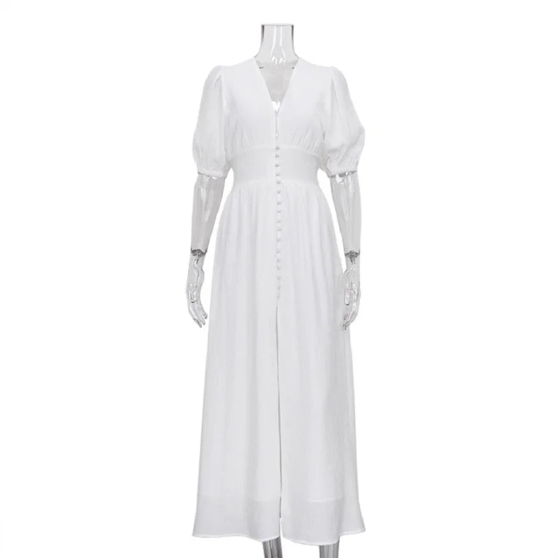 French Puff Sleeve Button Chic Long Dress: Summer 2024 New Party Strapless High Split