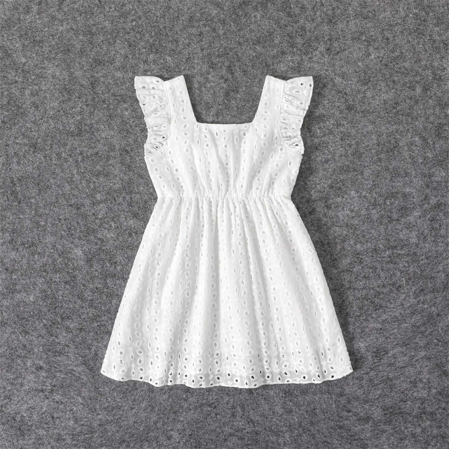 White Hollow-Out Floral Embroidered Ruffle: 100% Cotton Matching Outfits