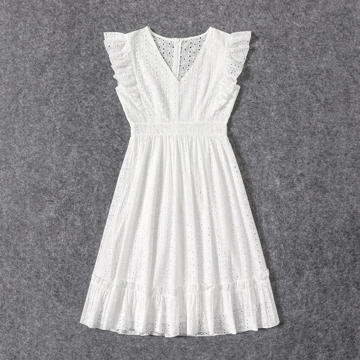 White Hollow-Out Floral Embroidered Ruffle: 100% Cotton Matching Outfits