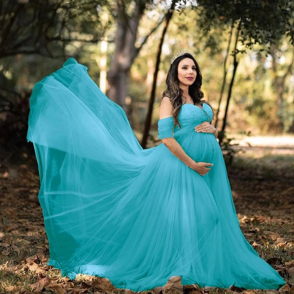 Lace Bust Off Shoulder Maternity Dress: Long Maxi Gown For Photo Shoot W/ Crown/Wreath