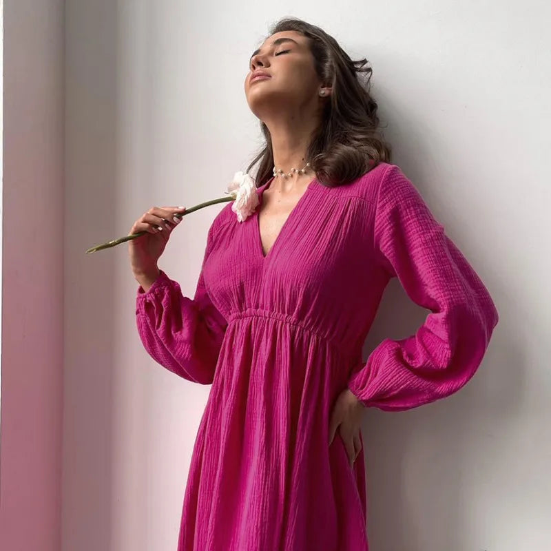 Elegant Muslin Long Sleeve 100% Cotton V-neck Casual Party Dress