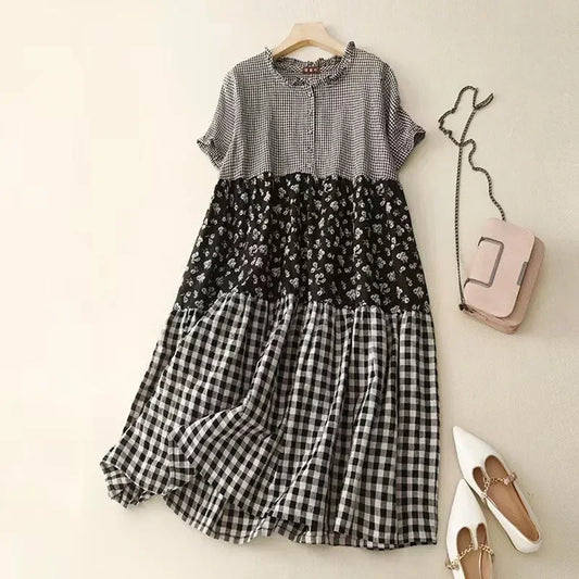 Summer New Arts Style Short Sleeve Loose Patchwork Plaid Vintage Cotton Linen Dresses