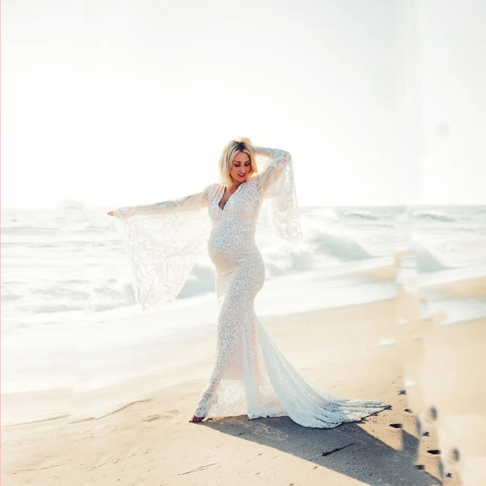 Angelic Lace Maternity Gown With V neck Wraped Flare Sleeves