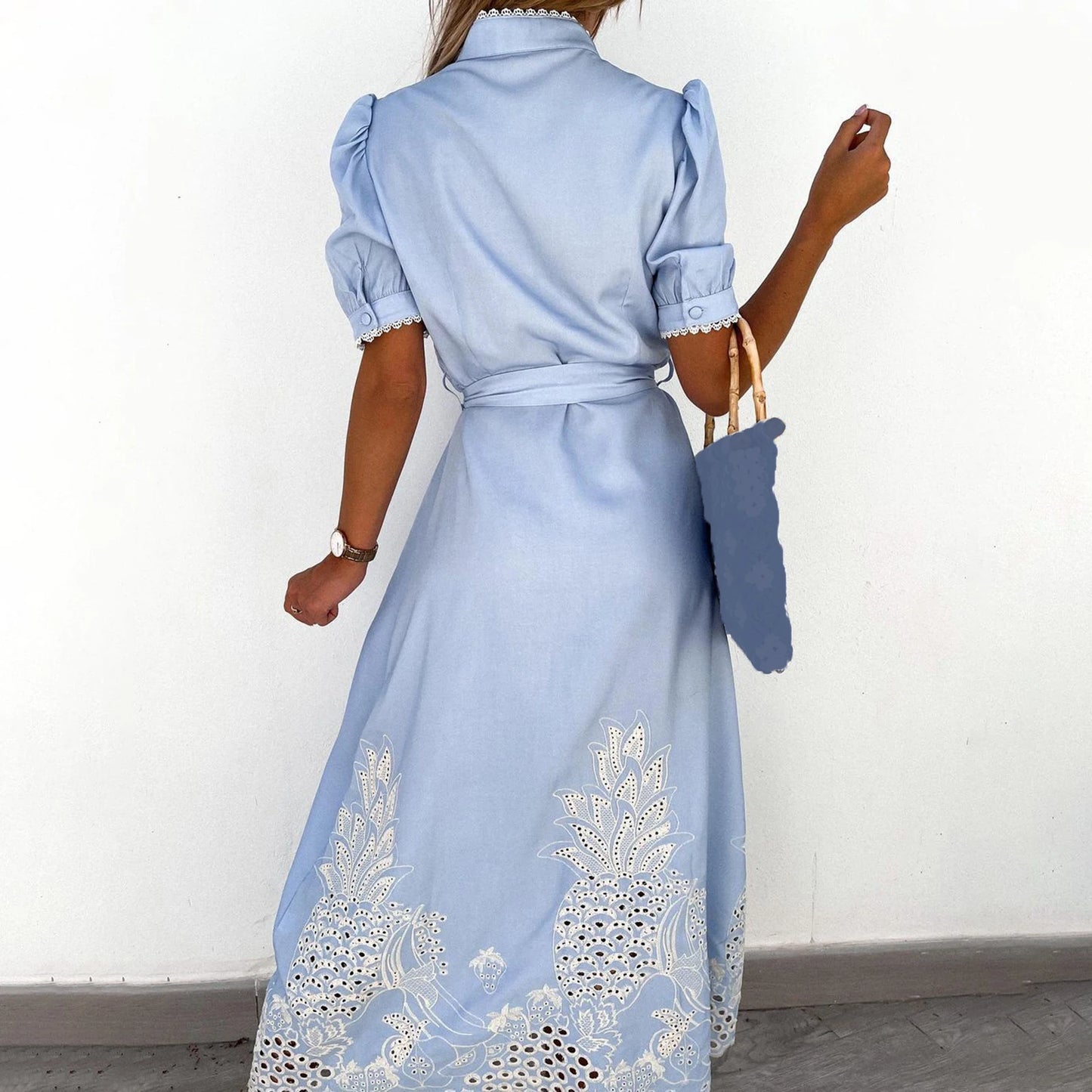 New White Hollow Embroidery Elegant W/ Short Sleeves For Spring & Summer Clothing