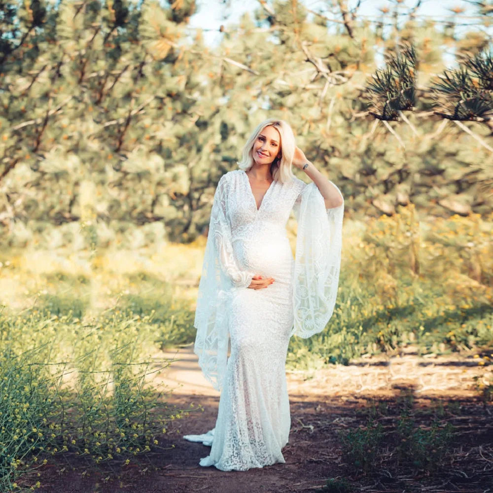 Angelic Lace Maternity Gown With V neck Wraped Flare Sleeves