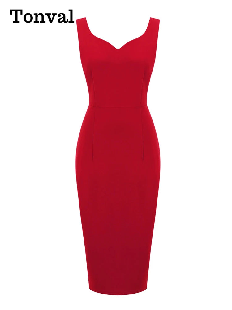Sweetheart Neck Sleeveless Office Midi Pencil Dress: Vintage Red Solid Elegant Slim Bodycon