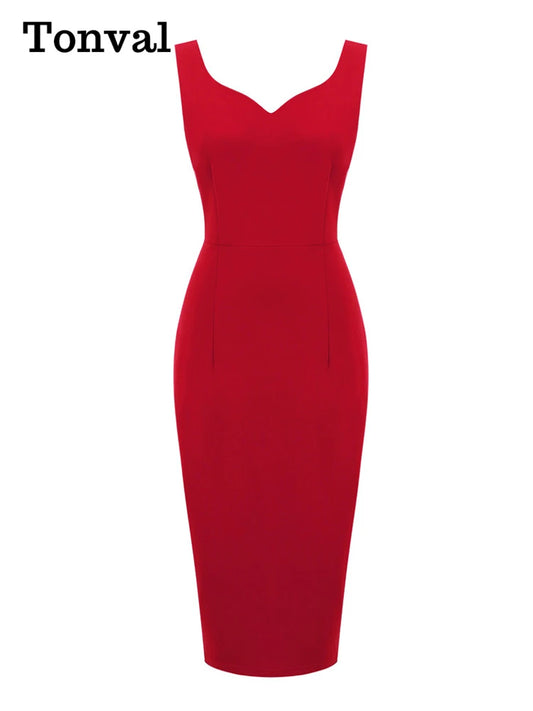 Sweetheart Neck Sleeveless Office Midi Pencil Dress: Vintage Red Solid Elegant Slim Bodycon