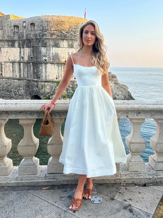 Vacation Spaghetti Strap Midi White Beach Dress/Party Dress