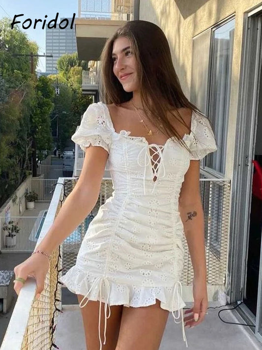 Lace Up White Hollowed Out Embroidery Beach Short Dress: Puff Sleeve Ruffle Ruched Bodycon Mini