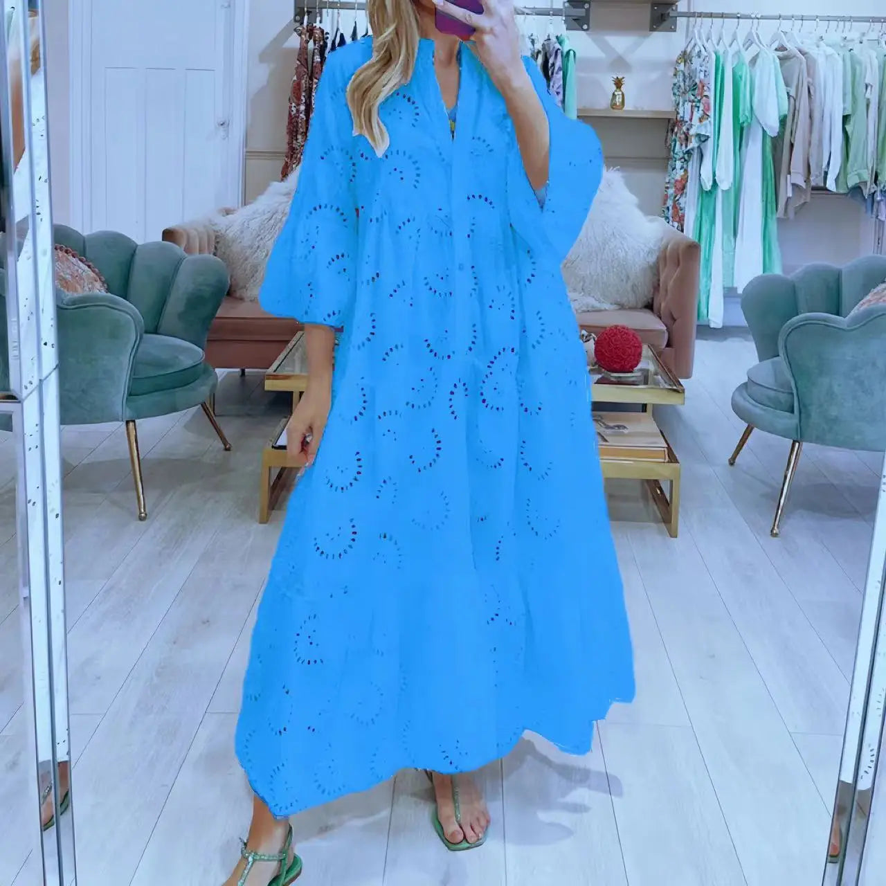 Spring Summer Hollow Lace Shirt Dress W/ Flared Sleeves