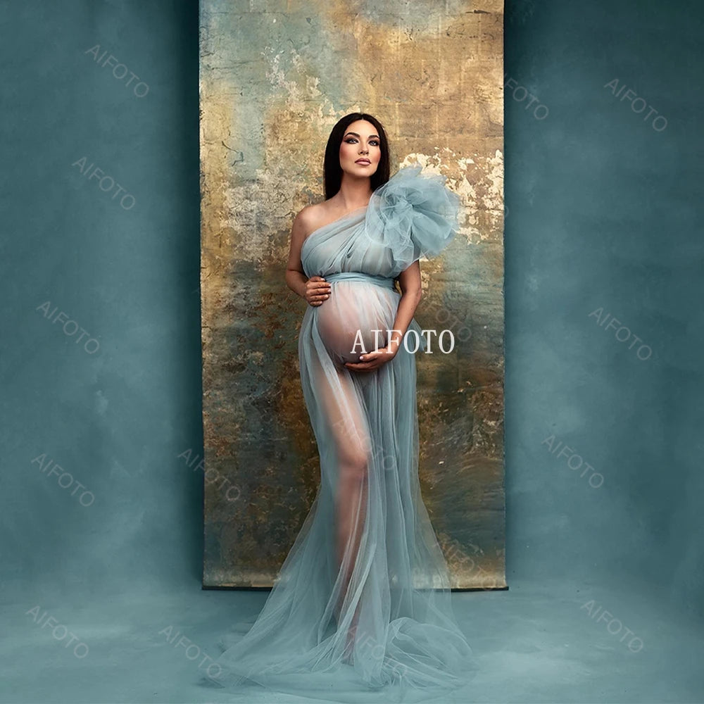 Tulle One Shoulder Sexy Maternity Dress With High Split & Long: See Thru Mesh Ruffles Gown