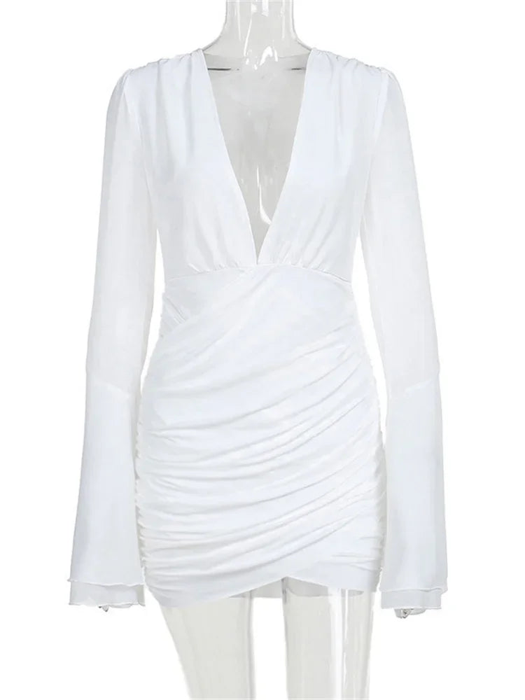 Tossy White Fashion V-Neck Mini Mesh See-Through Sexy High Waist Ruffled Party Dress