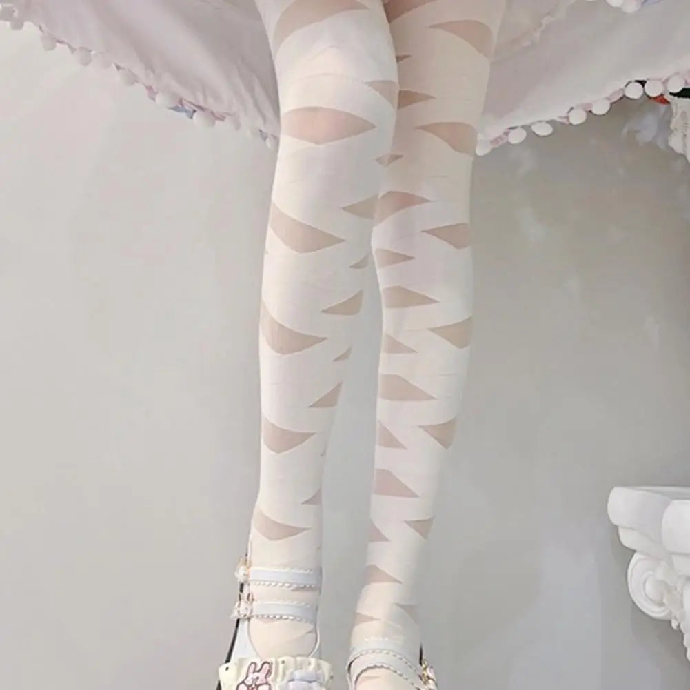 Women Girls Pantyhose See-through Cross Bandage Thin Cosplay Japanese Style Elasticity Tights Stockings Leggings