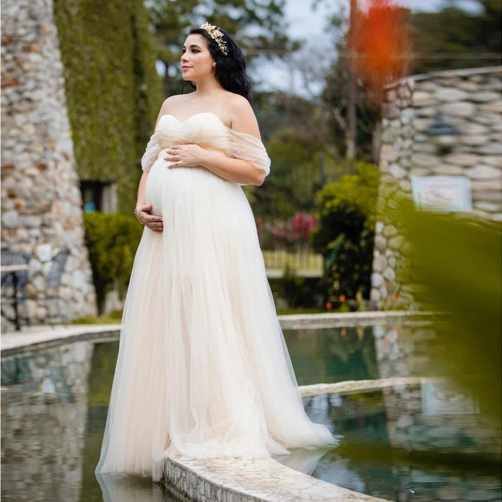 Lace Bust Off Shoulder Maternity Dress: Long Maxi Gown For Photo Shoot W/ Crown/Wreath