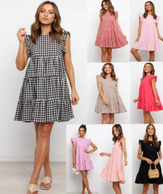 Plaid Ruffle Summer Maternity Dress With Butterfly Sleeve