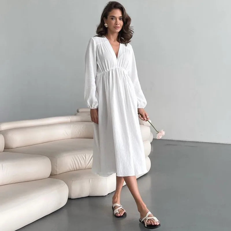 Elegant Muslin Long Sleeve 100% Cotton V-neck Casual Party Dress
