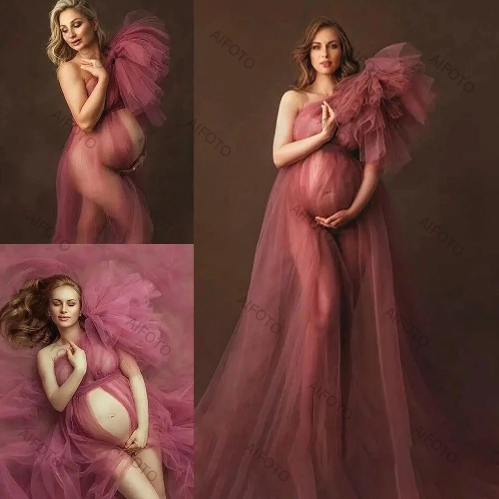 Tulle One Shoulder Sexy Maternity Dress With High Split & Long: See Thru Mesh Ruffles Gown