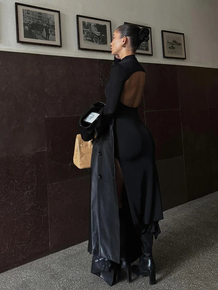 Black Solid Backless Maxi Casual High Slit Long Sleeve: Sexy Bodycon Half High Neck Streetwear
