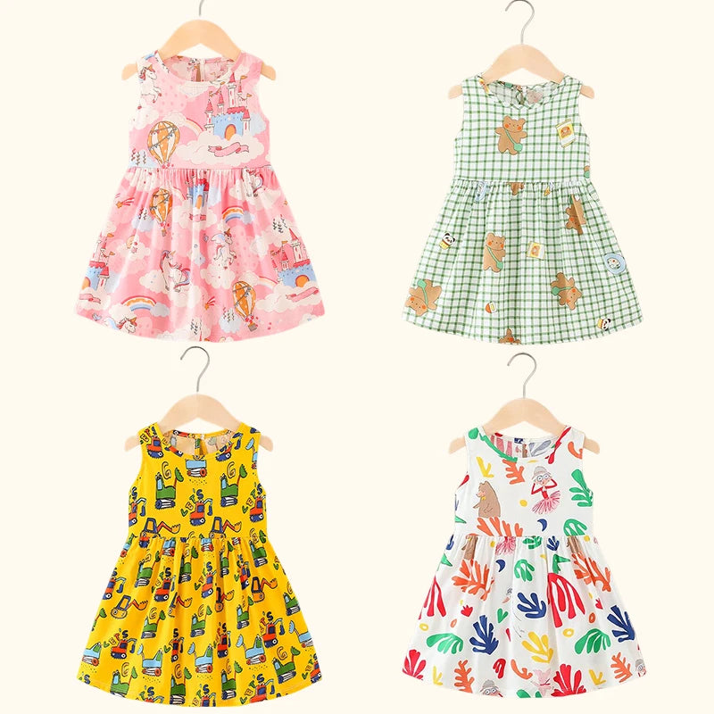 Cotton Summer Girls Sleeveless Flower Dresses