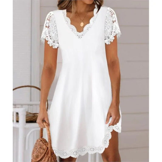 Summer Solid Color Lace Short Sleeved V-neck Women's Dress: Elegant White Loose Fitting A-line