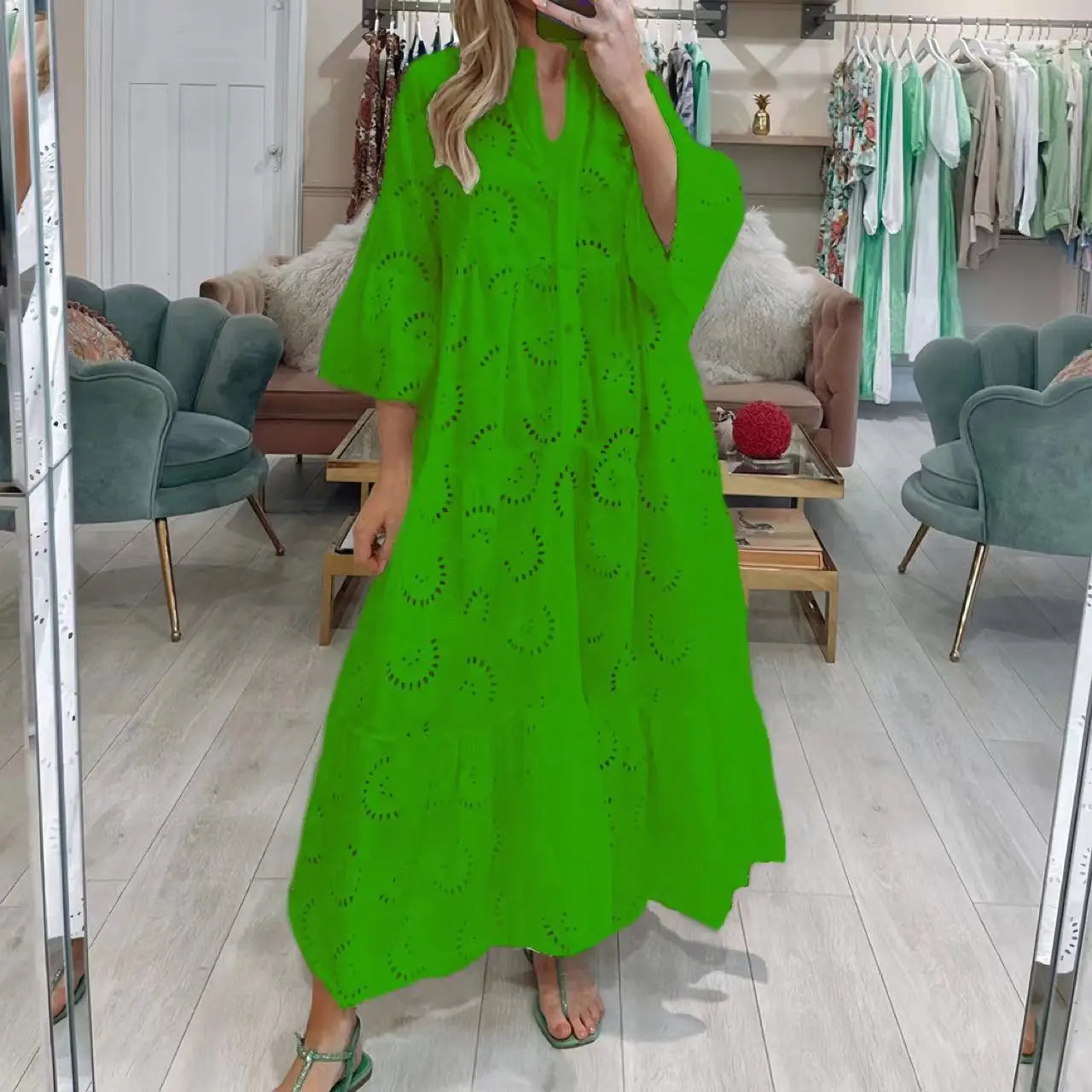 Spring Summer Hollow Lace Shirt Dress W/ Flared Sleeves