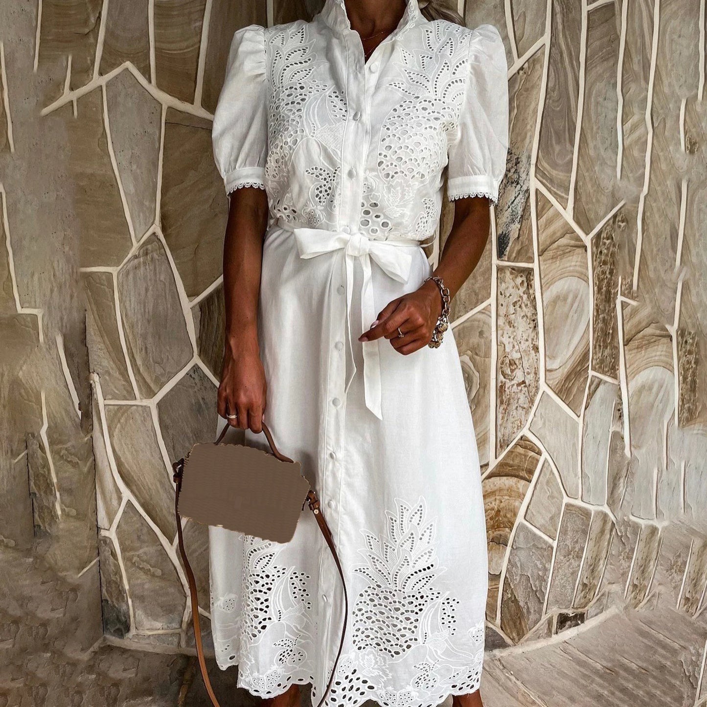 New White Hollow Embroidery Elegant W/ Short Sleeves For Spring & Summer Clothing
