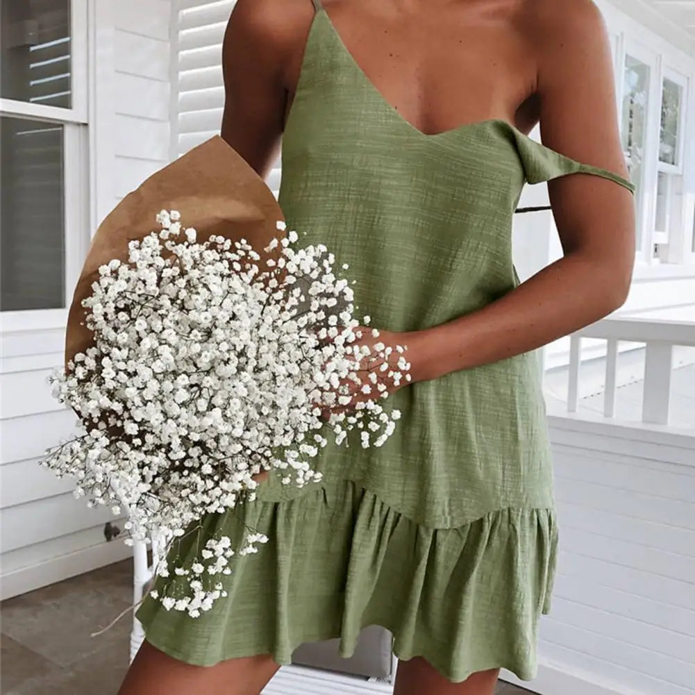 Sexy Spaghetti Strap Off Shoulder White Shift Sundress Dress Ruffle