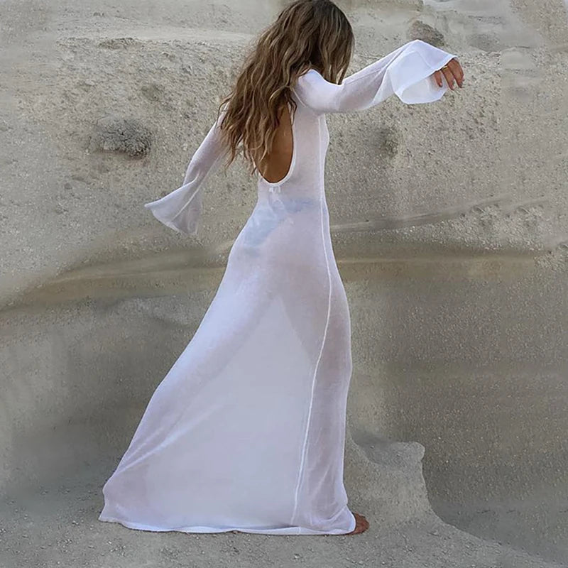 Cryptographic Elegant White Knit Long Sleeve Beach Dress With Sexy Open Back