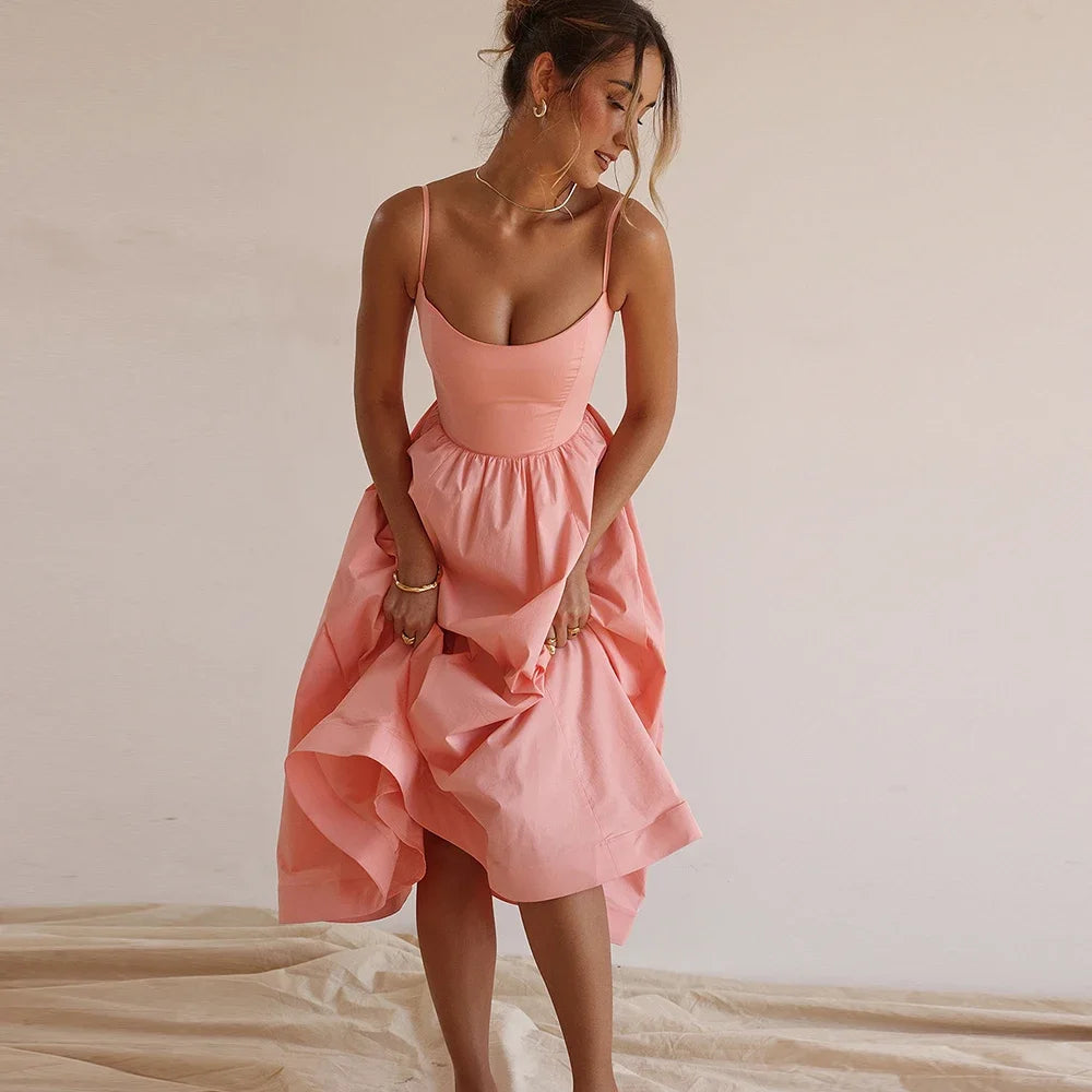Vacation Spaghetti Strap Midi White Beach Dress/Party Dress