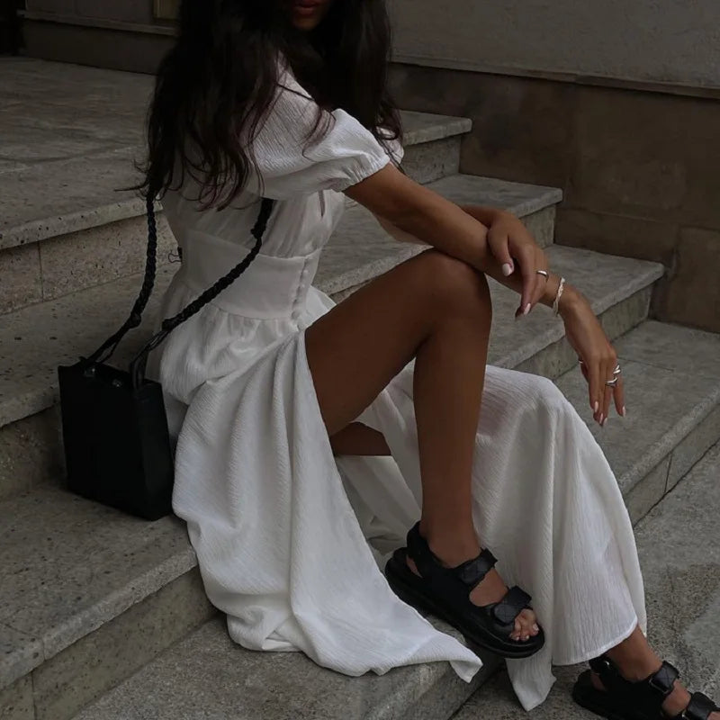 French Puff Sleeve Button Chic Long Dress: Summer 2024 New Party Strapless High Split