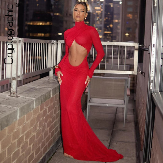 Cryptographic Elegant Red Cut Out Maxi Dress Long Sleeve Sexy Backless Gown