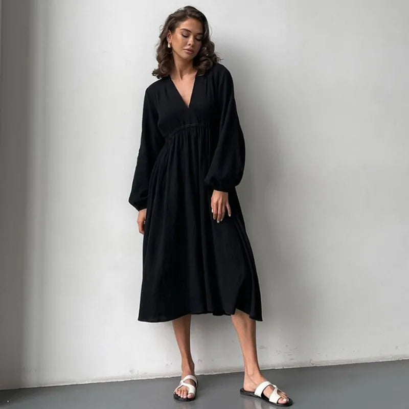 Elegant Muslin Long Sleeve 100% Cotton V-neck Casual Party Dress