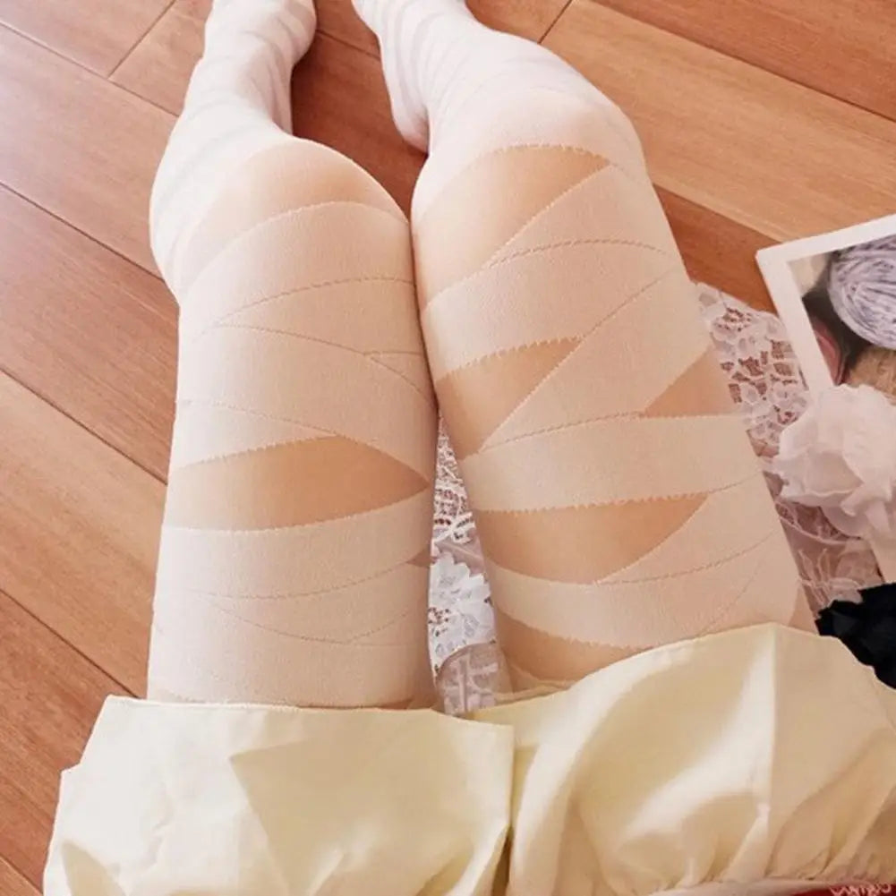 Women Girls Pantyhose See-through Cross Bandage Thin Cosplay Japanese Style Elasticity Tights Stockings Leggings