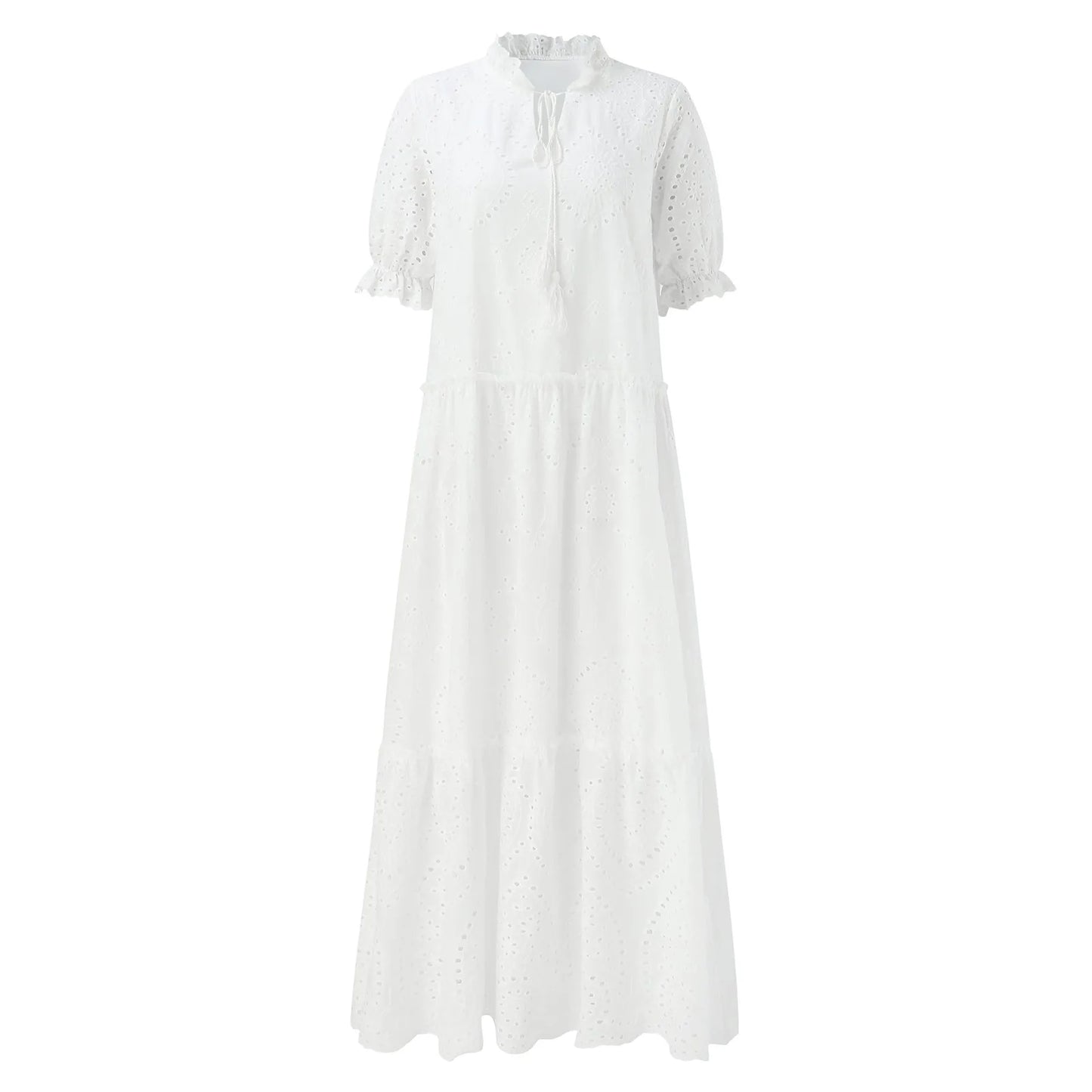 New Boho Casual Lace Floral Dress Short Sleeve Lace-Up V-Neck Beach Dress