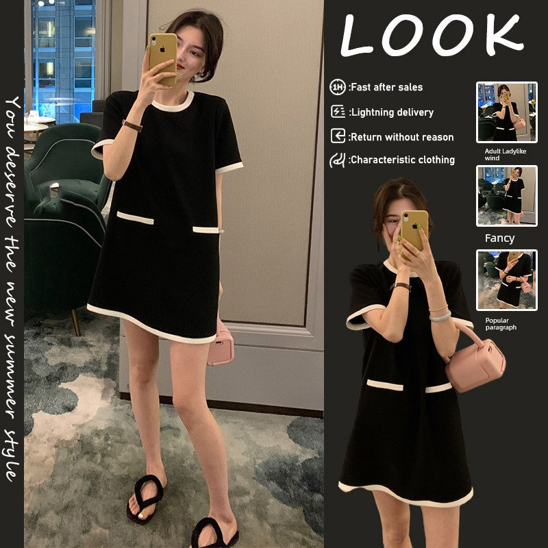 French Ice Silk Retro Hepburn Style Little Black Maternity Dress: Summer Short-Sleeved Short and Small Stature With Thin Knitting