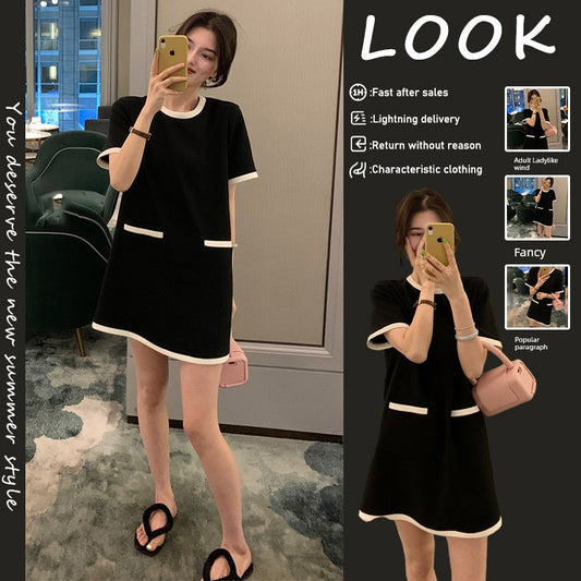 French Ice Silk Retro Hepburn Style Little Black Maternity Dress: Summer Short-Sleeved Short and Small Stature With Thin Knitting