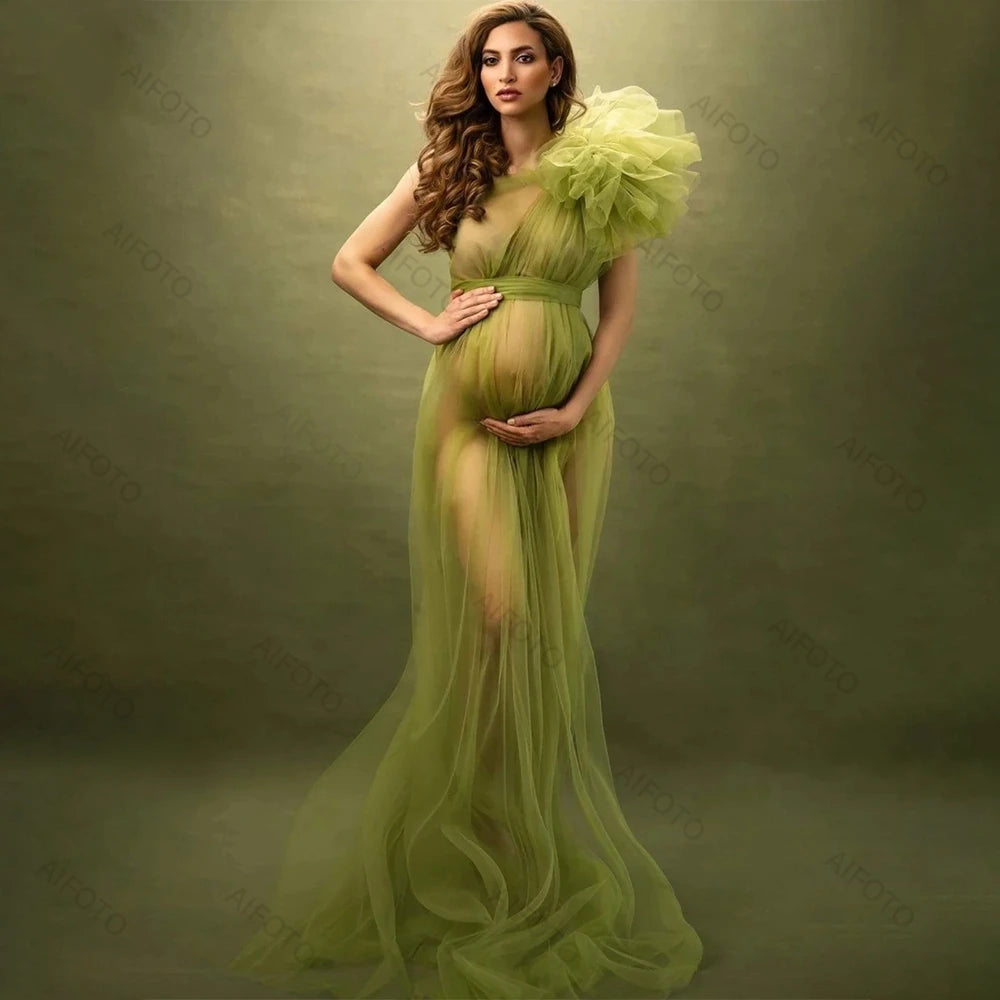 Tulle One Shoulder Sexy Maternity Dress With High Split & Long: See Thru Mesh Ruffles Gown