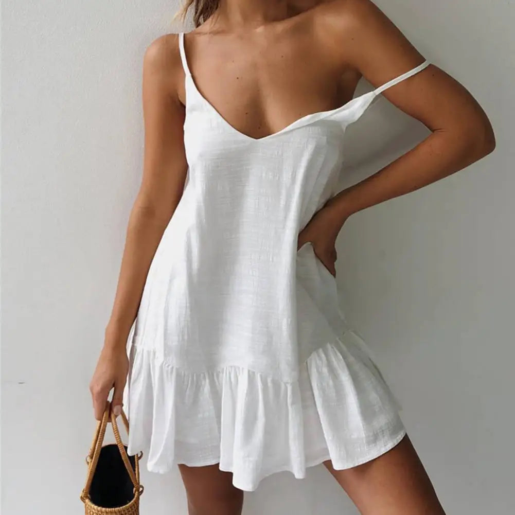 Sexy Spaghetti Strap Off Shoulder White Shift Sundress Dress Ruffle