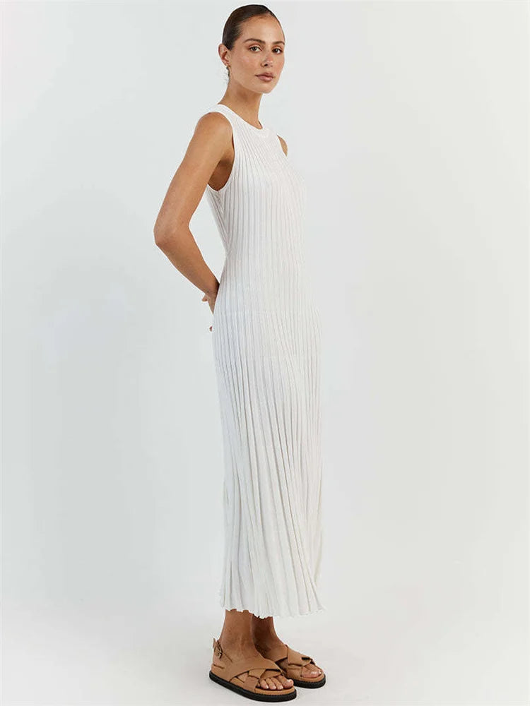 Conservative Knitwear White Casual Long Dress For Women: Sleeveless High Waisted Slim Loose Solid Basic Ladies Maxi