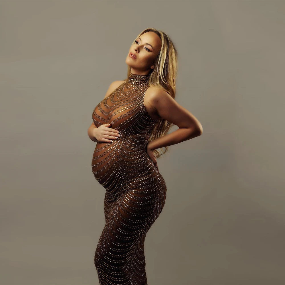 Goddess Bodysuit Tulle Maternity Shoot: Sexy Shiny Maternity Gown