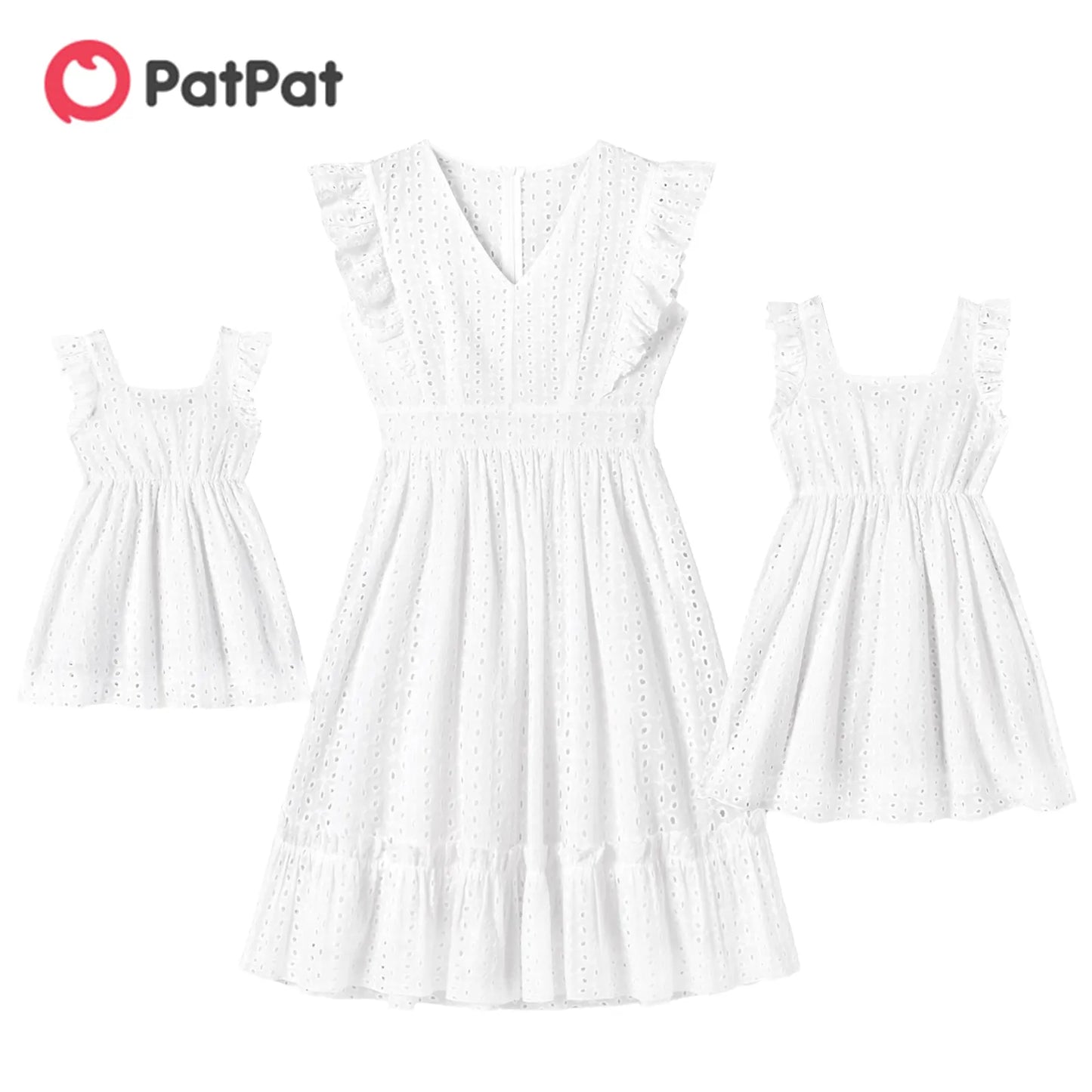 White Hollow-Out Floral Embroidered Ruffle: 100% Cotton Matching Outfits